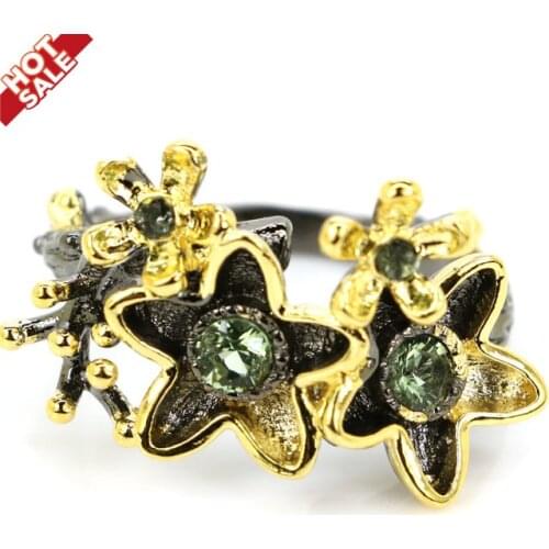 27x17mm Bohemia Vintage Style Flowers Created Green Tsavorite Garnet For Women Black Gold Silver Rings Wholesale Drop Shipping