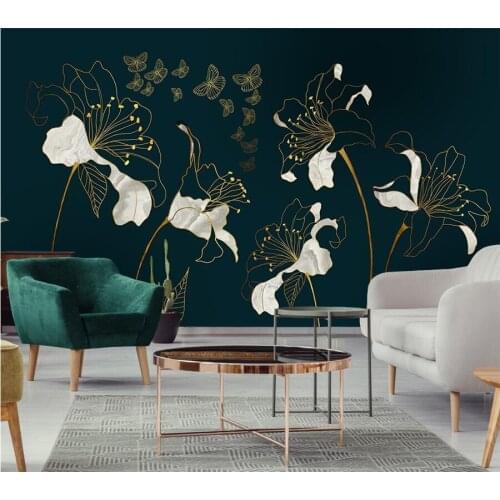 Customized wallpaper 3d modern light luxury golden embossed line flower Nordic TV background wall paper living room bedroom обои