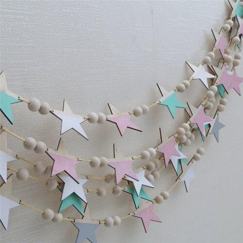 Creative Wooden Star and Beads Garland Hanging Banners Girl Baby Room Wall Decor Hanging Curtains Best Gifts For Girl Ornament