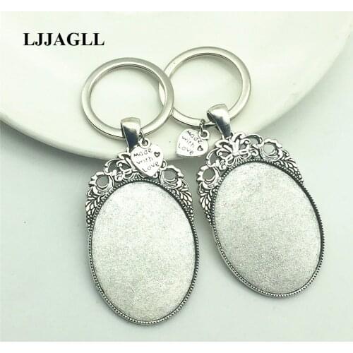 LJJAGLL 2pcs/lot Jewelry Making Key Rings 32*84mm Keyring Metal Silver Color Diy Cabochon Base Fit 30*40mm Dia Key Chain AYSQ005