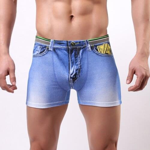 Mens Underwear/WOXUAN Brand Jeans Cotton Male Sexy Bulge Pouch Long Boxers Lingerie/Gay Funny Satin Shorts Panties