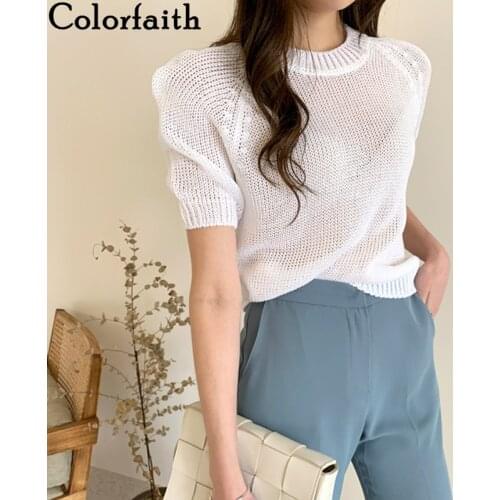 Colorfaith New 2021 Women Spring Summer T-shirt Bottoming Fashionable Korean Style Elegant Cutout Lady Sexy Knitting Tops T8939