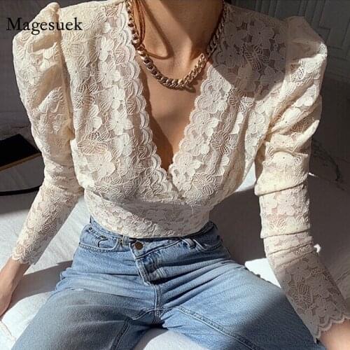 New V-neck Lace Women Blouse Fashion Puff Long Sleeve Slim Lace Shirt Vintage Sexy See Through Chic Shirts Blusas Mujer 13470