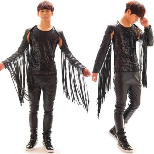 New Stage Costumes For Singers Mens Fringe Shoulder Jacket Leather Tassels Tops GoGo Dancers Nightclub DS Dj Costume BL2180