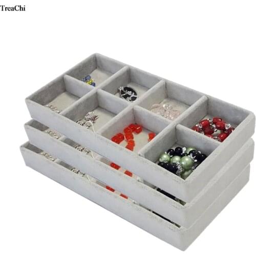 Wholesale Portable 8 Grids Jewelry Storage Box Grey Velvet Bead Bracelet Ring Pendant Jewelry Organizer Container Tray 3Pcs/Lot