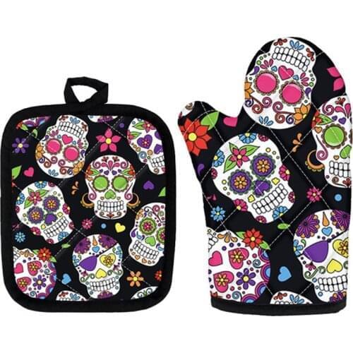 Custom Sugar Skull Pattern Kitchen Microwave Oven Gloves Sets Of 2 Heat Resistant Pads Oven Mitts For Cooking Baking Accessories