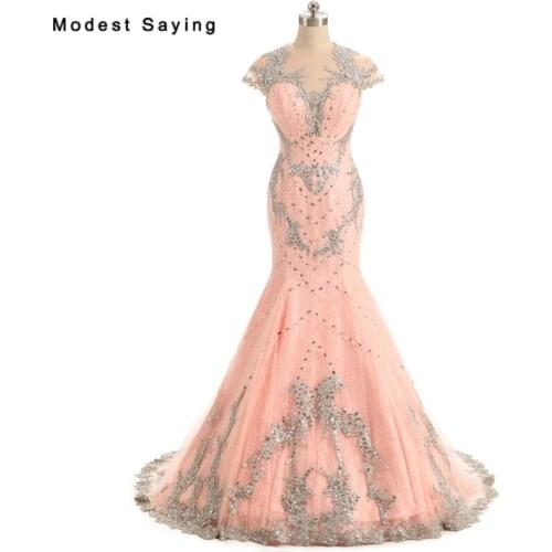 2018 New Arrival Pink Mermaid Lace Evening Dresses Elegant Cap Sleeve Engagement Dresses Long Party Prom Gowns vestido de festa