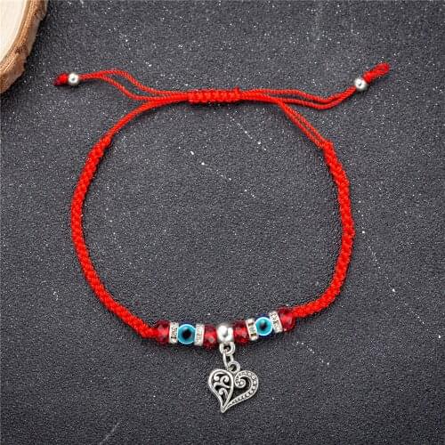 Hand-woven Red Thread Heart shape String Blue Turkish Eye Charm Bracelet For Women Men Adjustable Braided Rope