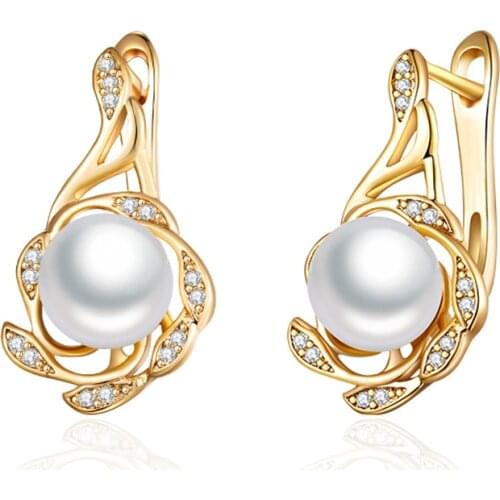 Unique Design Flower Shape Pearl Earrings Gold Silver Color CZ Stud Earrings with Pearls for Women Exquisite Jewelry Cute Gift