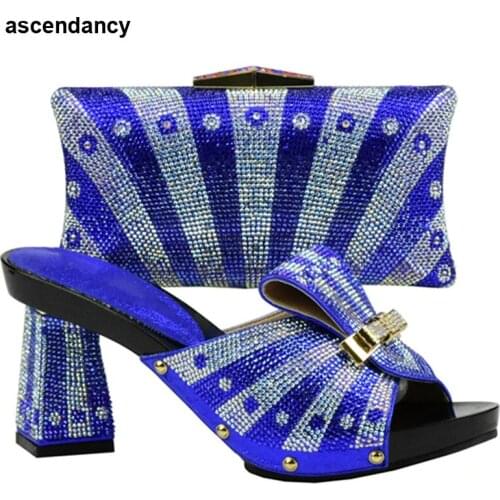 Blue Color Shoes and Bag Set Decorated with Rhinestone African Shoe and Bag Set for Party In Women Nigerian Shoes and Bag Sets