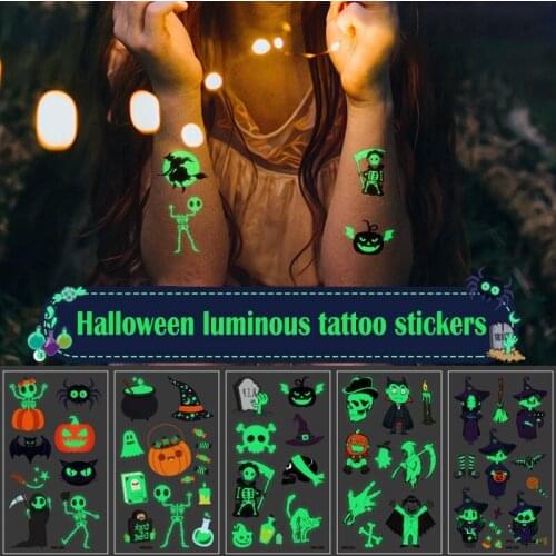 Halloween Tattoo Luminous Stickers for Kids Temporary Tattoo Pumpkin Witch Glow in the dark Cartoon Sticker halloween decoration