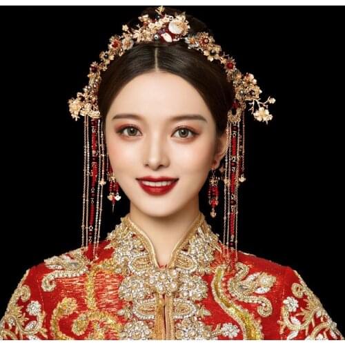 JaneVini Vintage Chinese Bride Headdress with Earrings Retro Costume Red Beaded Hairpins Bridal Hair Jewelry Wedding Accessories