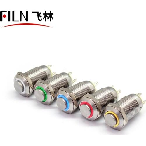 FILN Hot sale 12mm High head Momentary Latching ring led stainless steel Push Button Switch