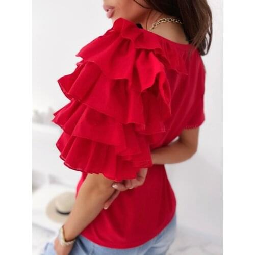 Womens Top Summer Solid Color T-Shirts O-Neck Short Sleeve Patchwork Ruffles Slim Pullovers T Shirts Y2K Ropa Mujer Kawaii Tops