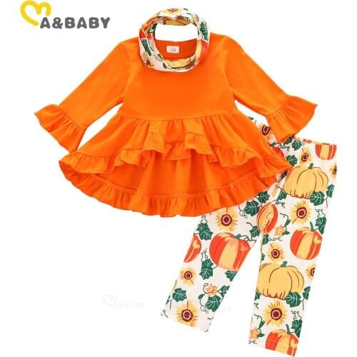 Ma&Baby 1-6Y Toddler Kid Girls Halloween Clothes Set Ruffles Tunic T shirt Tops Pumpkin Print Pants Outfit Autumn