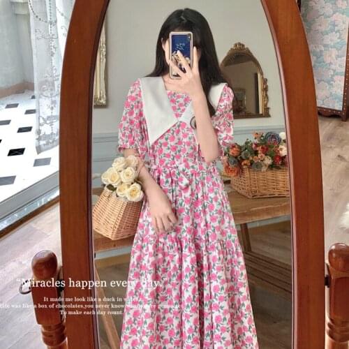 2021 Summer New French Sweet And Age-Reducing Navy Collar High Waist Mid-Length Floral Dress Women Pink Holiday Beach Skirt