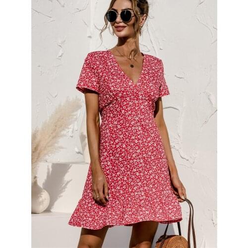 Robe Femme Summer Dress Floral Boho Cake Stitching Lotus Leaf Dress Fashion Vintage V-Neck Bohemian Beach Vestido Playa Mujer