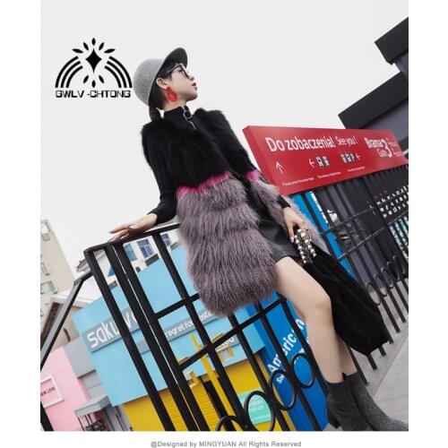 Genuine real natural lamb fur with fox fur vest women fashion gilet v neck jacket