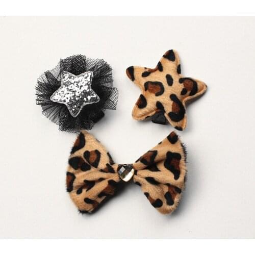 20pcs Cartoon Leopard Printed Hair Bow Girls Love Pearl Bows Hairpin Silver Star Floral Black Netting Hair Barrette Printed
