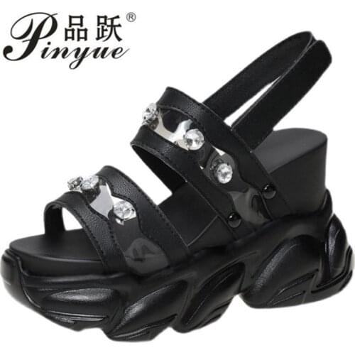 2021 Summer Peep Toe Sandals Crystal Block Heel Sneakers Woman Dress Sexy Ladies Leather 10cm High Sandals Women Gladiator Shoe
