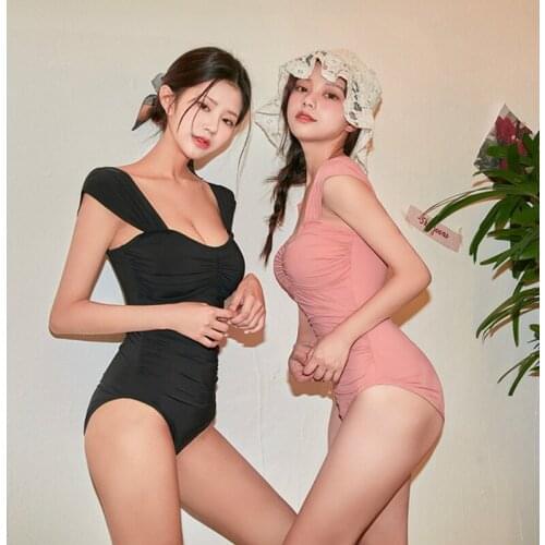 2021 New Korean Style Bodysuit Women One Piece Swimsuit High Cup Neckline Tankini Ruched Monokini Swimwear Bathing Suit