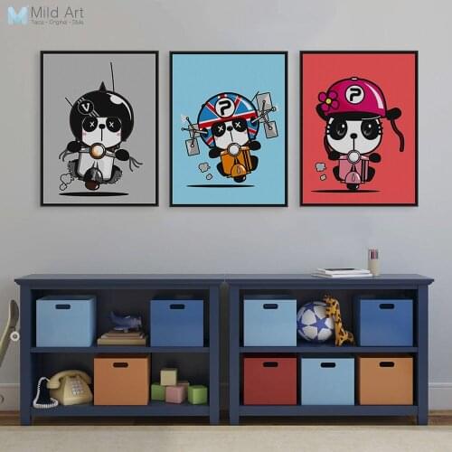 3 Panda Motor Modern Black Blue Red A4 Poster Print Animal Cartoon Hipster Large Canvas Painting Kids Room Wall Art Sticker Gift