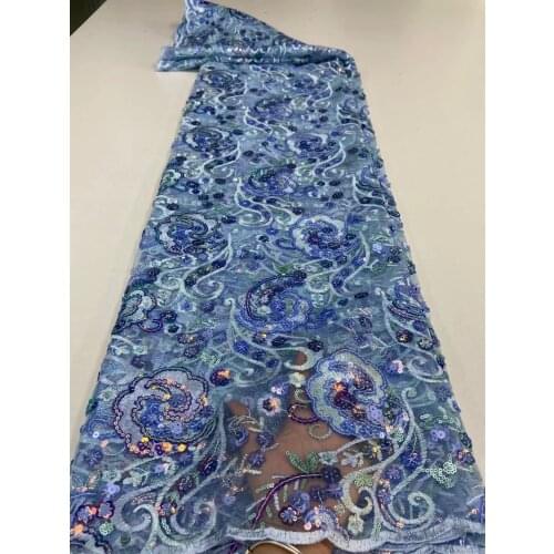 5yards/pc) High quality skyblue African tulle lace fabric wonderful sequins embroidered French net lace for party dress FXZ089