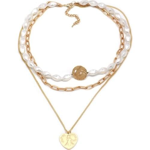 Imitation Pearls Clavicle Chain Female Heart Pendant Necklaces for Women Layered Necklace Femme Gold Color Gift New