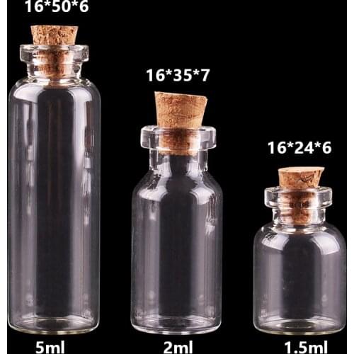 Diameter:16mm 1.5ml 2ml 5ml Cute Mini Glass Bottles with Cork Stopper Empty Spice Wish Bottles Jars Vials