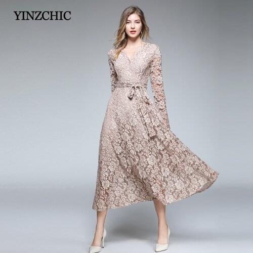 Elegant Woman Laces Long Dress Sash Waisted Womans Slim A-Line Dress Autumn New Maxi Dress Women OL Winter Party Lace Dresses