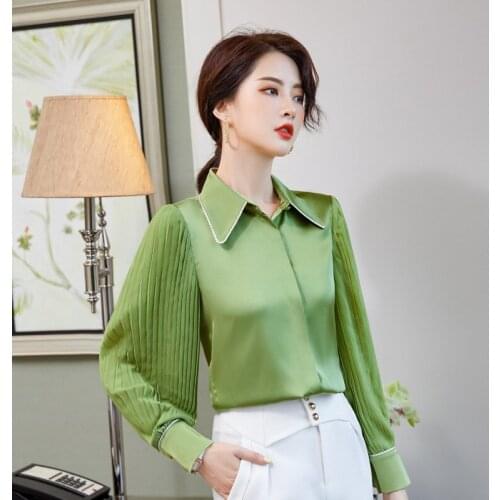 IZICFLY New Autumn Spring Green Patchwork Plus Size Ladies Tops Korean Fashion Shirt Slim Casual Office Elegant Blouse Work Wear