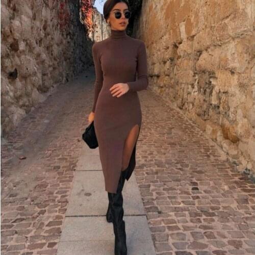 JUNWU Spring And Autumn Womens Brown High-neck Elastic Fabric Long-sleeved Dress With Slit Design Za Sexy British Style