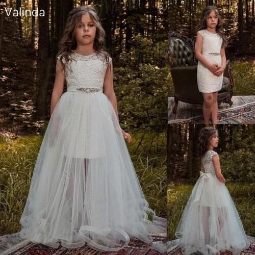 Knee Length Lace Flower Girl Dresses with Removable Skirt Junior Bridesmaids Dress for Wedding Pageant Birthday