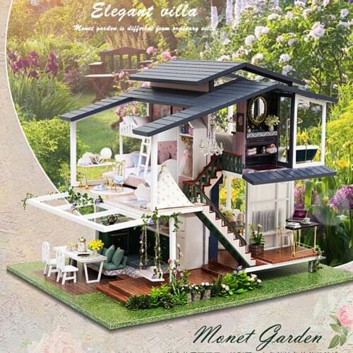 DIY Dollhouse Wooden Doll Houses Miniature Doll House 3D Wooden DIY Mini Dollhouse French-style Villa Manual Toy w/o Dust Cover