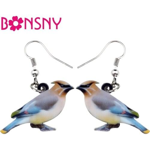 Bonsny Acrylic Lovely Cedar Waxwing Bird Earrings Big Long Dangle Drop Trendy Animal Jewelry For Women Girls Teen Gift Statement