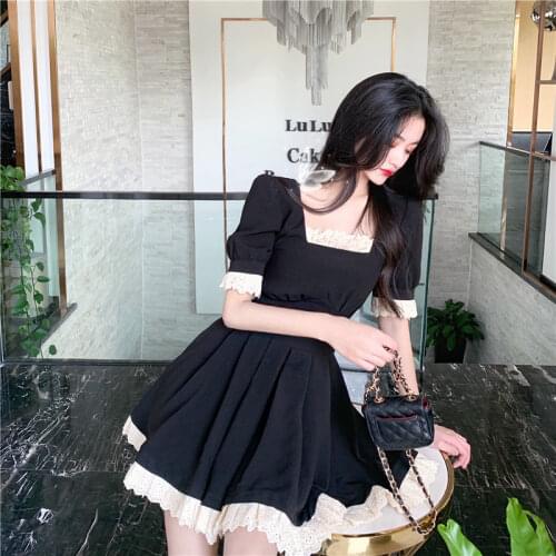 French Retro Women Short Puff Sleeve Black Mini Dress Summer Ruffled Hem A Line Dress Vintage Square Collar Waisted Party Dress