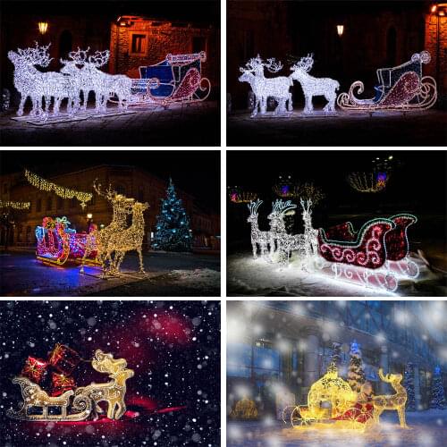 Mocsicka Christmas Theme Backdrop Glowing Reindeer Sleigh Street Night Light Red Hut Photography Backdrops For Photo Studio