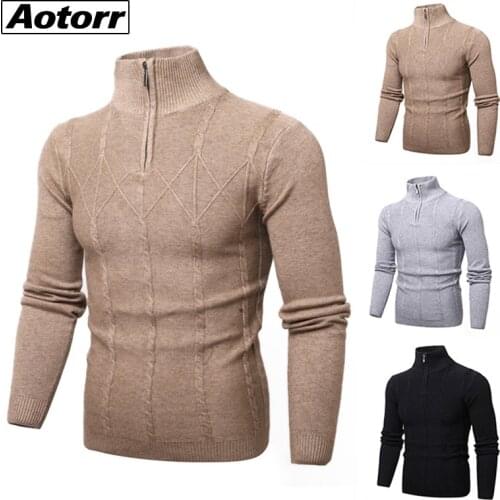 Men Pullover Sweater High Neck Autumn Winter Male Turtleneck Warm Knitted Pullover Slim Fit Half Zip Casual Solid Color Coat