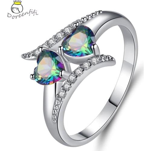 Wedding Double Heart Cut Multicolor White Tourmaline CZ 925 Sterling Silver Ring Fashion Women Jewelry Female Gift Size 6 7 8 9