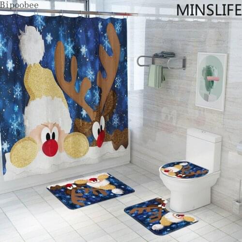 Lovely Santa Claus Elk Christmas Shower Curtain Waterproof Bathroom Curtains Bath Mat Lid Toilet Rugs Set Holiday Decoration