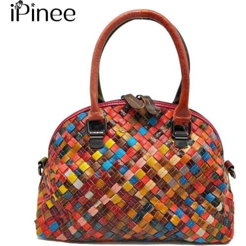 IPinee Retro Handmade Woven Women Genuine Leather Crossbody Bag Vintage Shell Design Shoulder Bags Ladies Casual Small Handbags