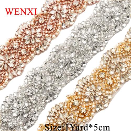 WENXI Rose Gold Crystal Rhinestone Applique By The 5CM*1Yard Trim For Bridal Dress Belt Rhinestone Applique Accessory WX821