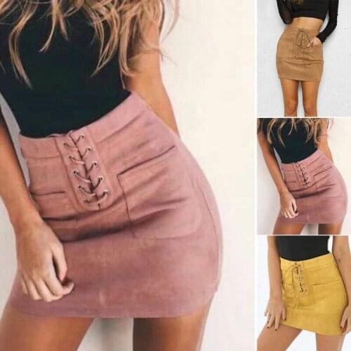 Sexy Bandage Skirts Womens Leather Suede Lace Up High Waist Party Pencil Mini Skirt S-XL Hot Sale