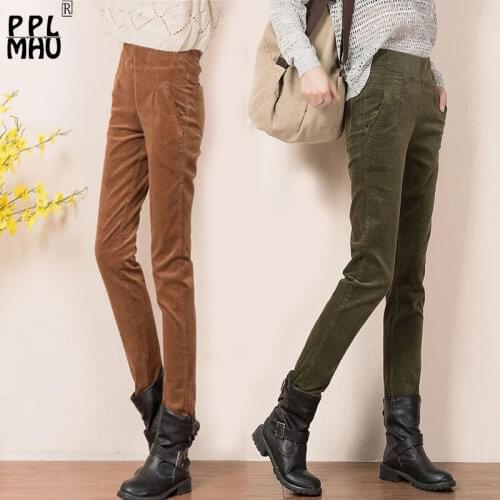 Plus Size 4XL Corduroy Pencil Pants For Women Casual Elastic High Waist Solid Trousers Vintage Slim Mom Work Pants Female
