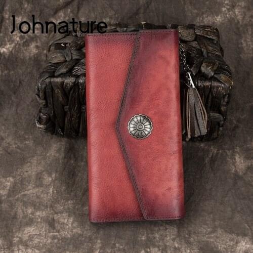 Johnature Handmade Cow Leather Women Long Wallet Card Holder 2020 New Vintage Hasp Solid Color Clutch Wallets Leisure Purse