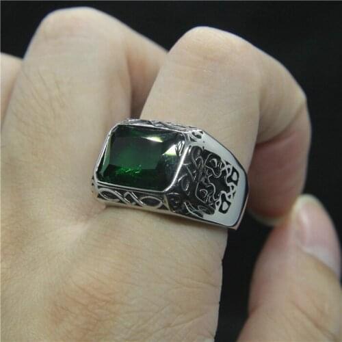 2020 Newest Fashion Design Green Stone Mens Ring 316L Stainless Steel Mens Ring Cool Ring