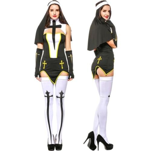 4Pcs/Set Sexy Nun Cross Lingerie Halloween Bad Habit Nun Cosplay Costume Plus Size S-XXXL