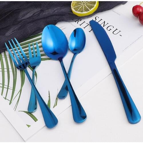 5Pcs Glossy Blue Stainless Steel Cutlery Tableware Set Dinnerware Wedding Party Flatware Set Forks Knives Spoons Set Silverware