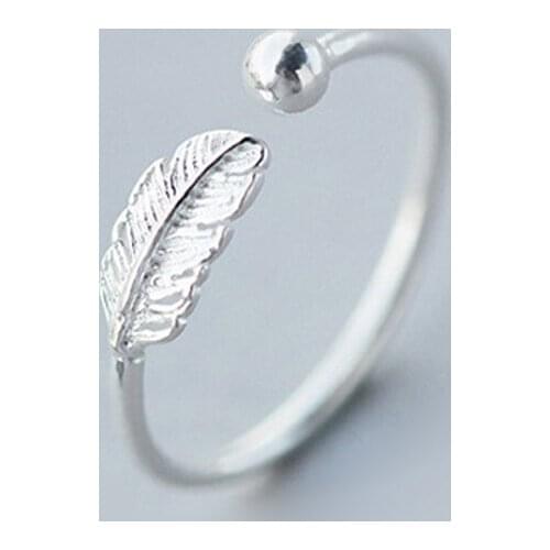 925 Sterling Silver Round Beads Feather Leaf Adjustable Ring Fine Jewelry For Women Girls Party Elegant Romantic Accessories