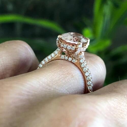 AEAW Oval Pink Morganite Wedding Ring 3.85ct Morganite .83ct Moissanite Art Deco Pave Hidden Halo ring Solid 14K Rose Gold